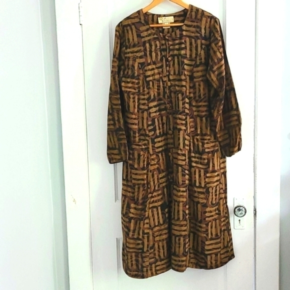 Vintage Geometric Printed Midi Dress, Earth Tones, Large - Picture 2 of 8